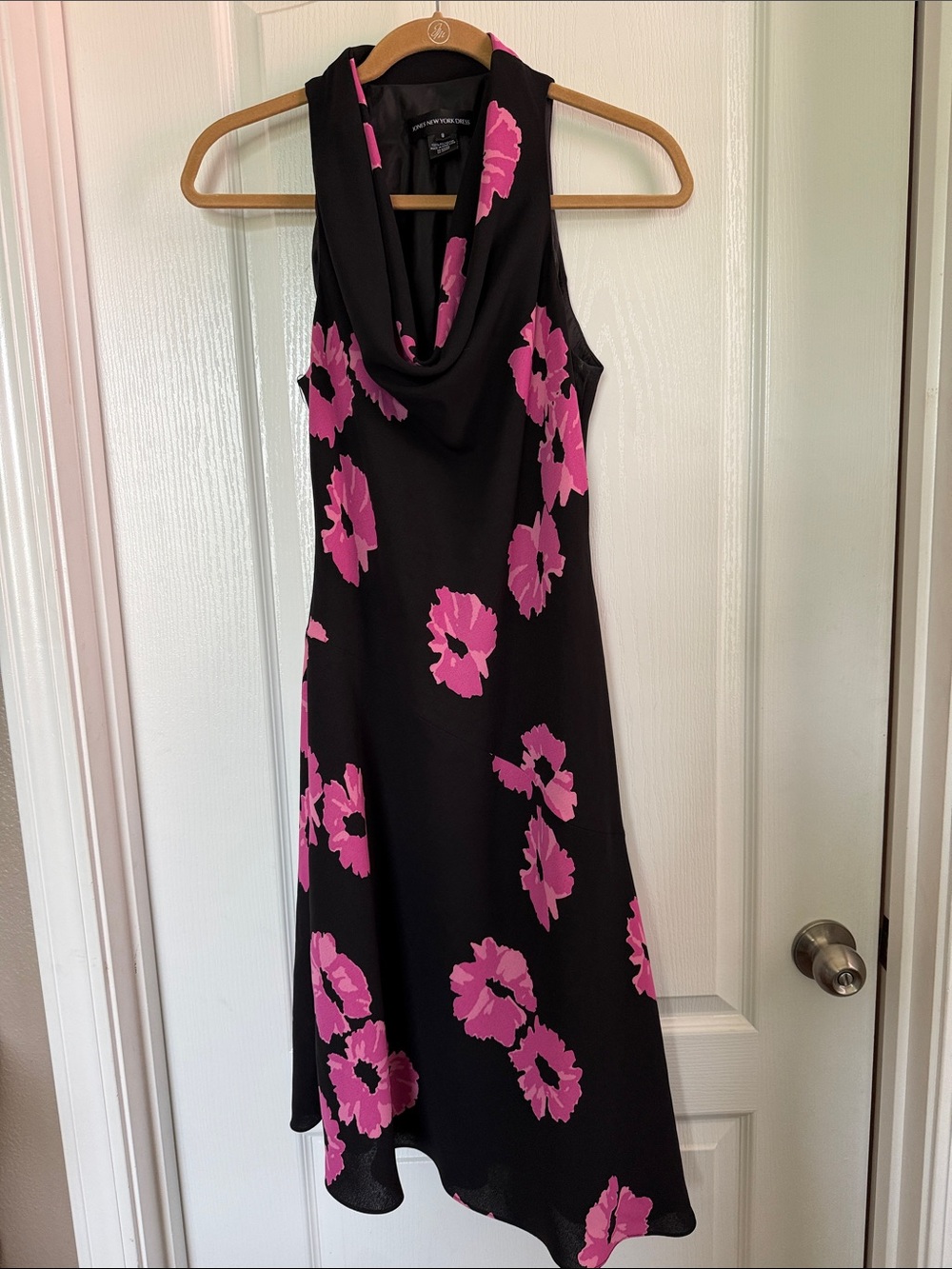 Black Midi Dress with Pink Floral Cowl Neck